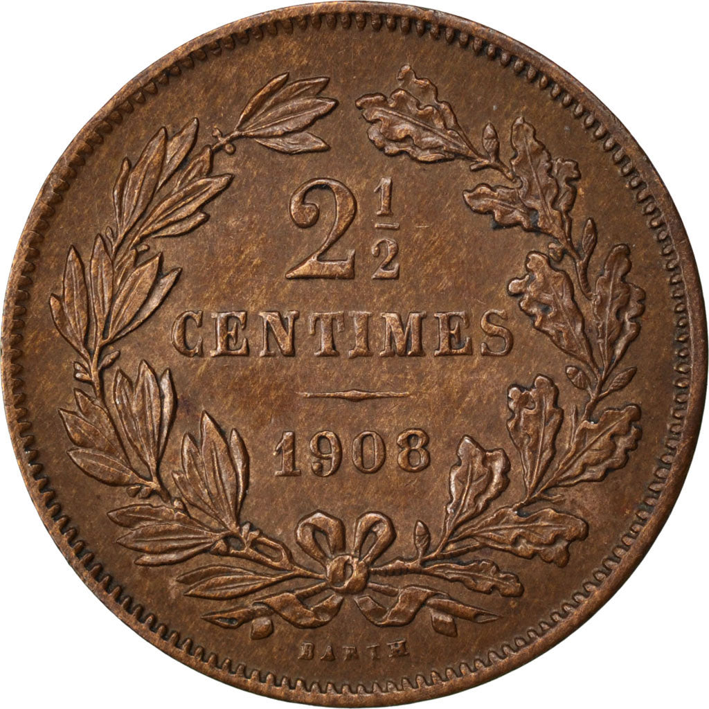LUXEMBOURG, 2-1/2 Centimes, 1908, Utrecht, KM #21, AU(55-58), Bronze, 2.50