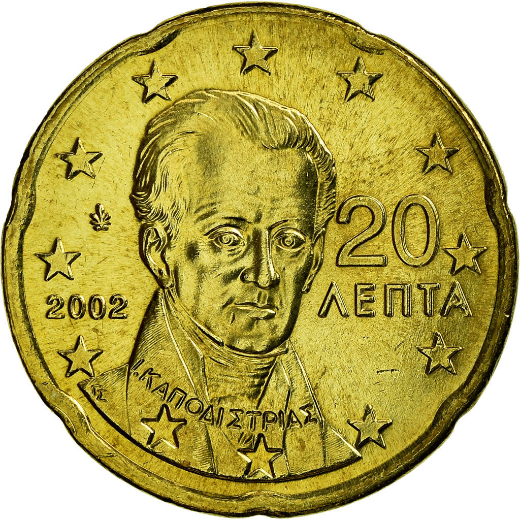 Grécia, 20 Euro Cent, 2002, AU(55-58), Latão, KM:185