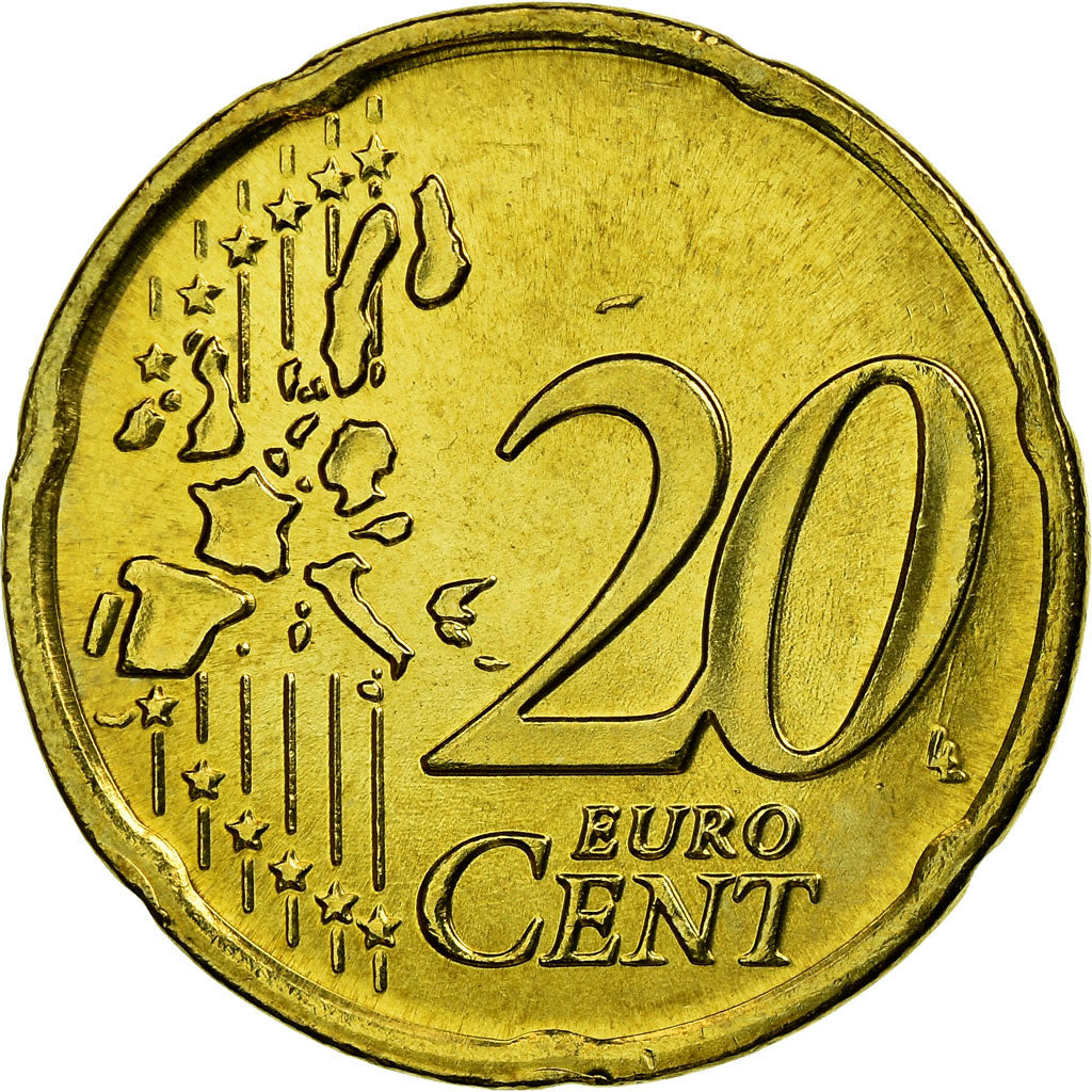 Grécia, 20 Euro Cent, 2002, AU(55-58), Latão, KM:185