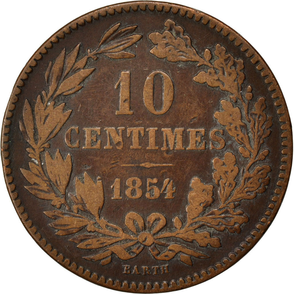 LUXEMBOURG, 10 Centimes, 1854, Utrecht, KM #23.1, EF(40-45), Bronze, 9.22