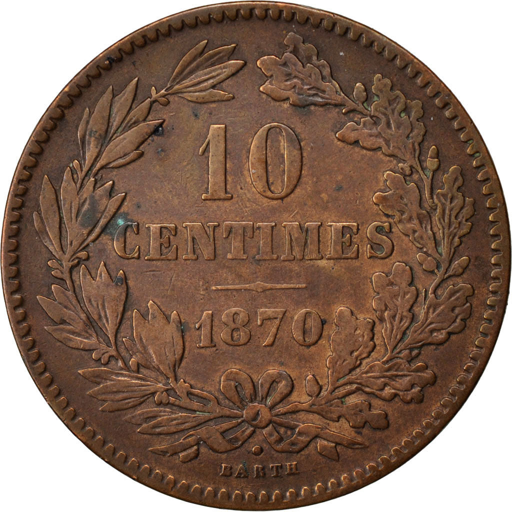 LUXEMBOURG, 10 Centimes, 1870, Utrecht, KM #23.1, EF(40-45), Bronze, 9.87