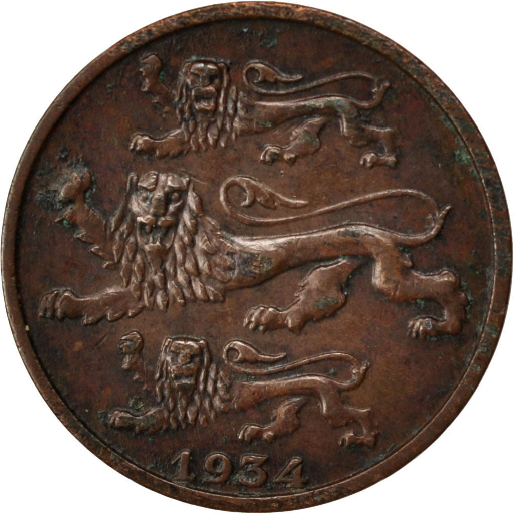 ESTONIA, 2 Senti, 1934, KM #15, AU(55-58), Bronze, 19, 3.37