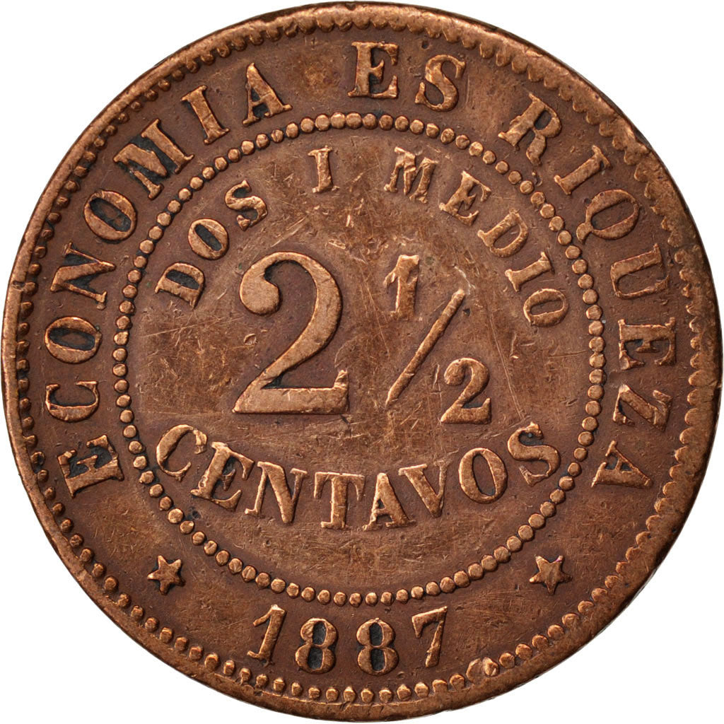 CHILE, 2-1/2 Centavos, 1887, KM #150, EF(40-45), Copper, 27, 7.87
