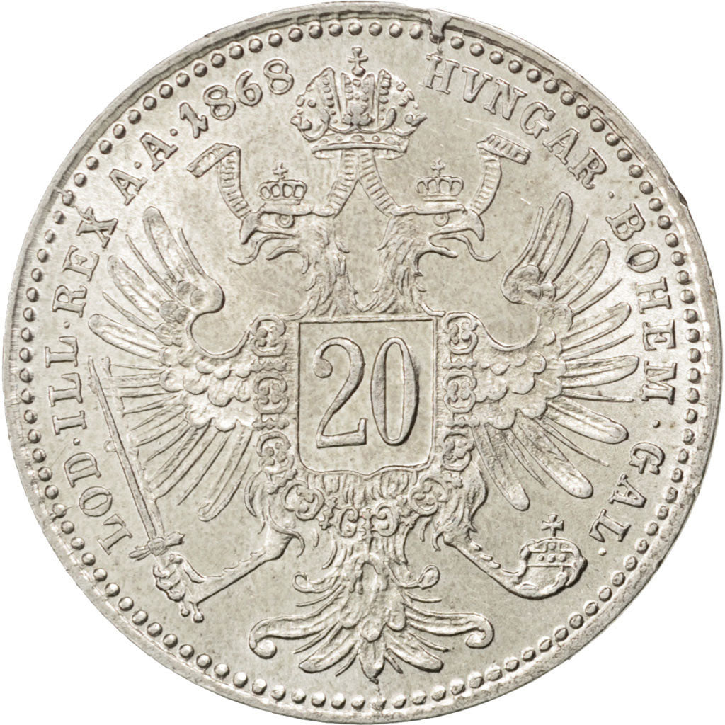 AUSTRIA, 20 Kreuzer, 1868, KM #2212, MS(60-62), Silver, 2.67