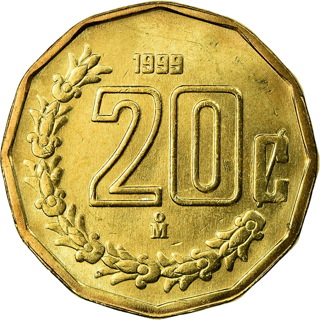 Moneta, Mexico, 20 Centavos, 1999, Mexico City, AU(55-58), Aluminium-Brąz