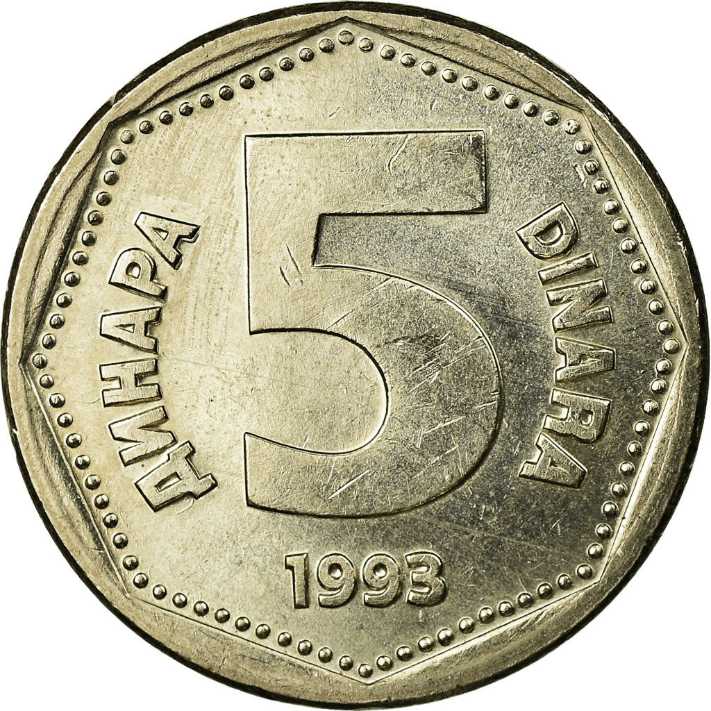 Coin, Yugoslavia, 5 Dinara, 1993, EF(40-45), Copper-Nickel-Zinc, KM:156