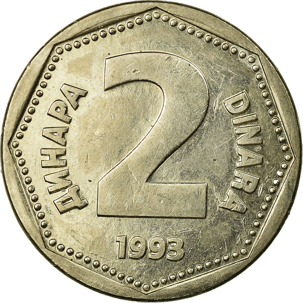 Coin, Yugoslavia, 2 Dinara, 1993, EF(40-45), Copper-Nickel-Zinc, KM:155