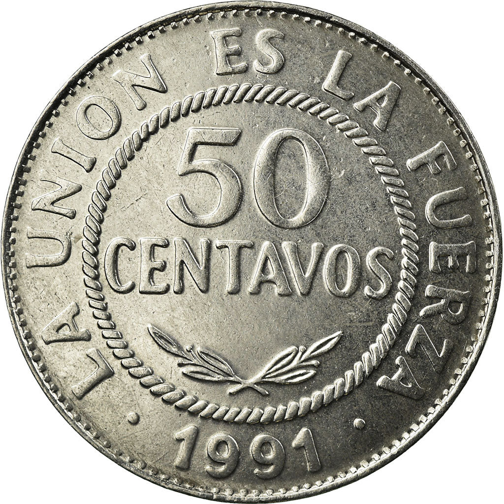 Coin, Bolivia, 50 Centavos, 1991, AU(55-58), Stainless Steel, KM:204