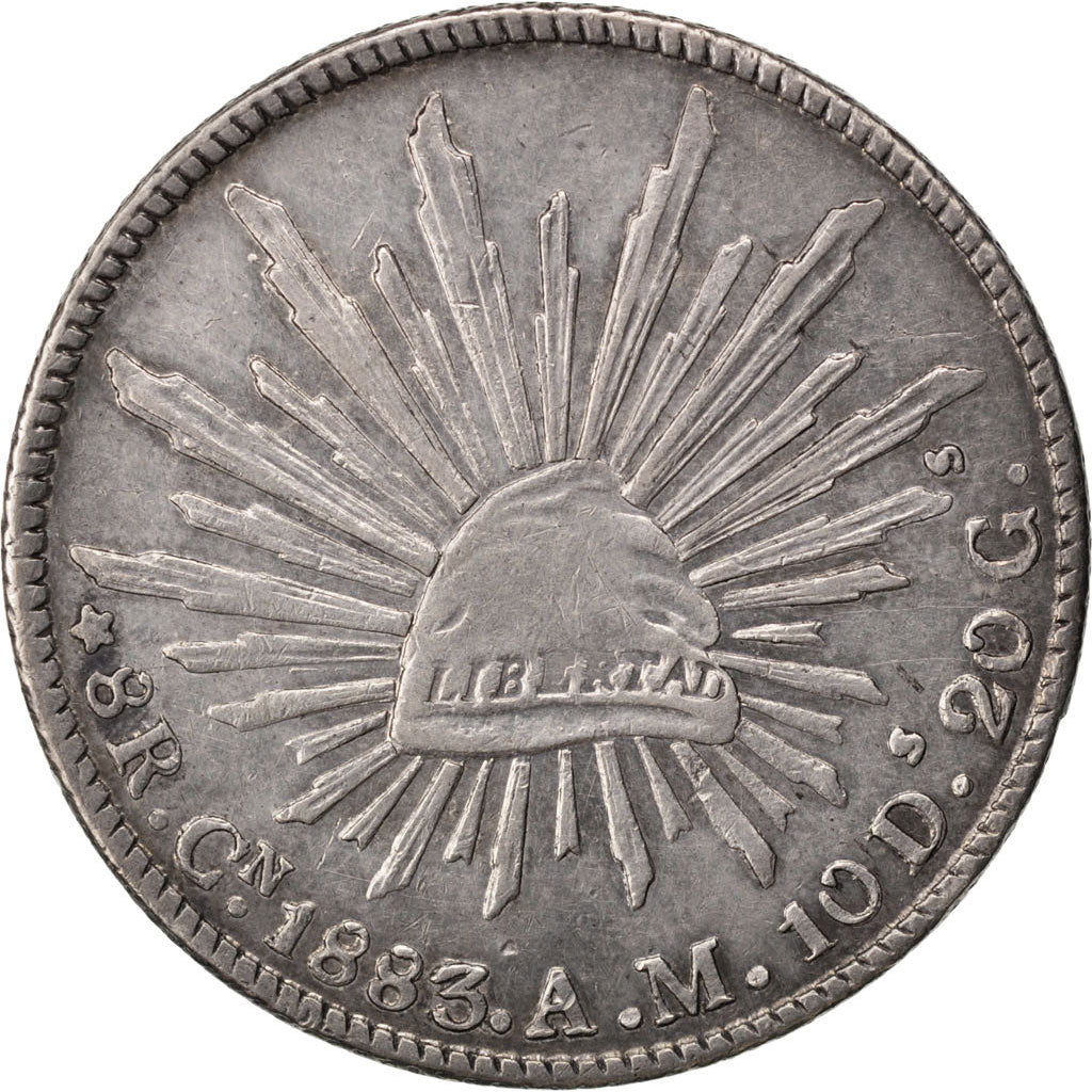 MEXICO, 8 Reales, 1883, Culiacan, KM #377.3, AU(50-53), Silver, 27.12