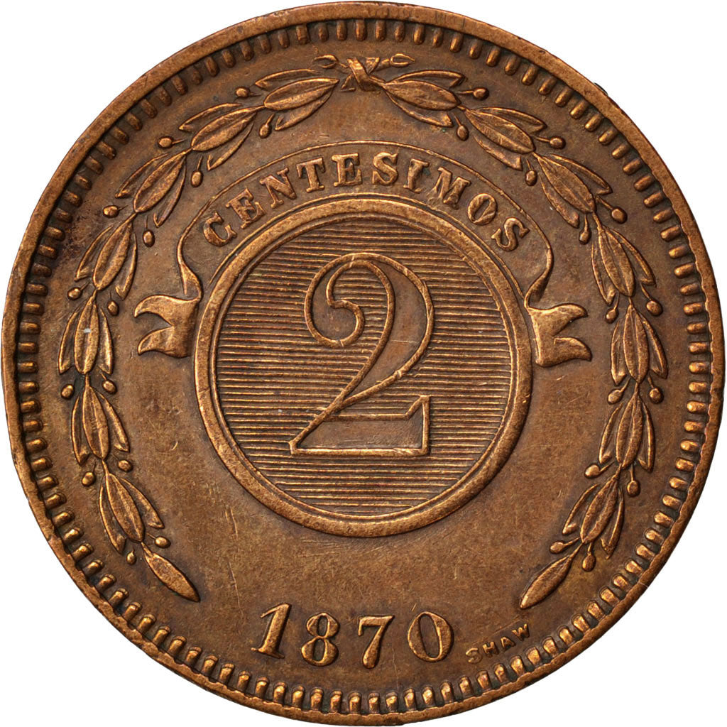 PARAGUAY, 2 Centesimos, 1870, KM #3, AU(55-58), Copper, 10.23