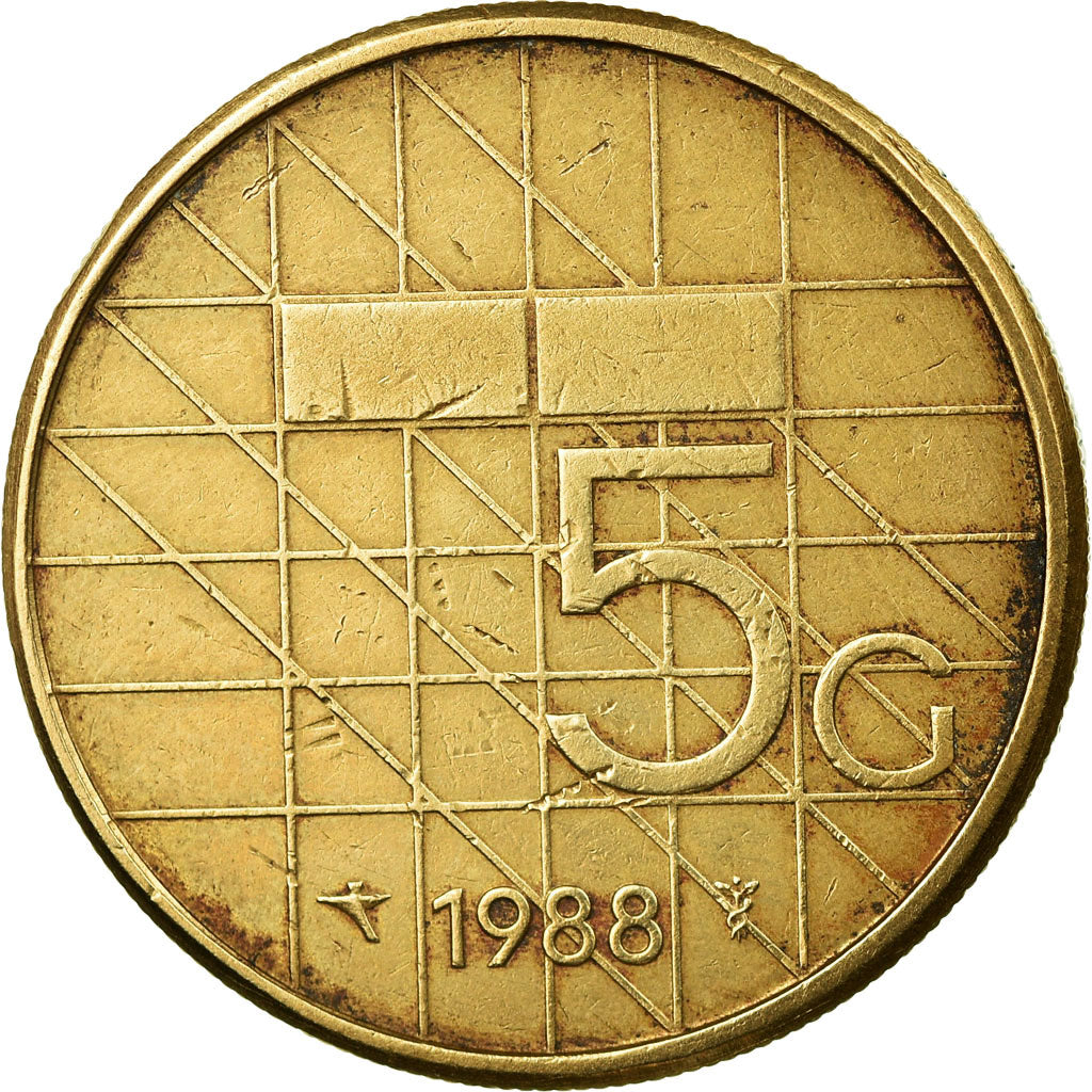 Coin, Netherlands, Beatrix, 5 Gulden, 1988, EF(40-45), Bronze Clad Nickel