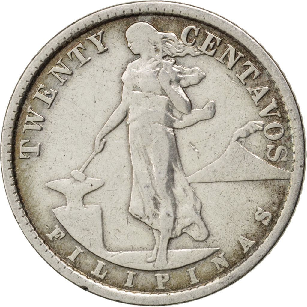 PHILIPPINES, 20 Centavos, 1921, KM #170, AU(50-53), Silver, 3.86