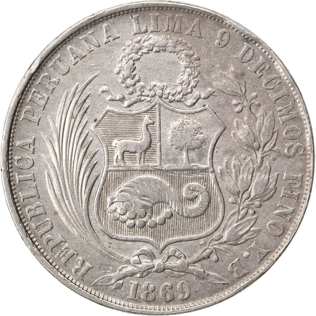 PERU, Sol, 1869, Lima, KM #196.3, AU(50-53), Silver, 24.65