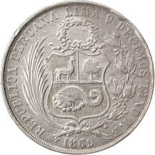 PERU, Sol, 1869, Lima, KM #196.3, AU(50-53), Silver, 24.65