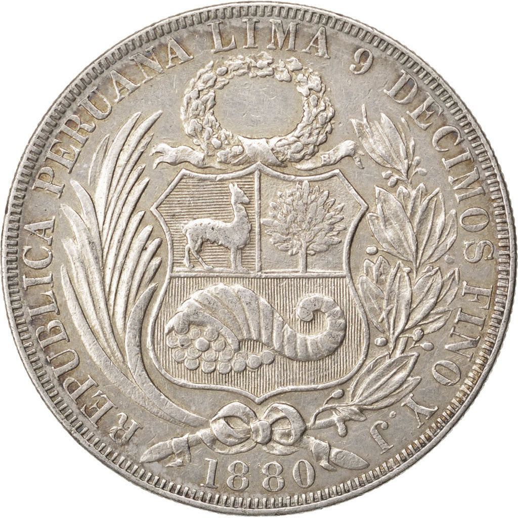 PERU, Sol, 1880, Santiago, KM #196.5, AU(50-53), Silver, 24.90