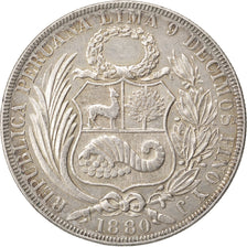 PERU, Sol, 1880, Santiago, KM #196.5, AU(50-53), Silver, 24.90