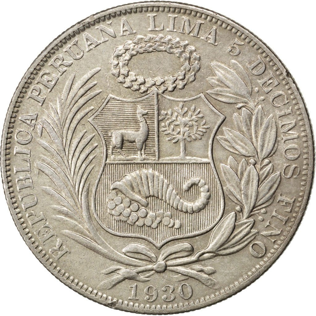 PERU, Sol, 1930, Lima, KM #218.2, AU(55-58), Silver, 37, 25.33