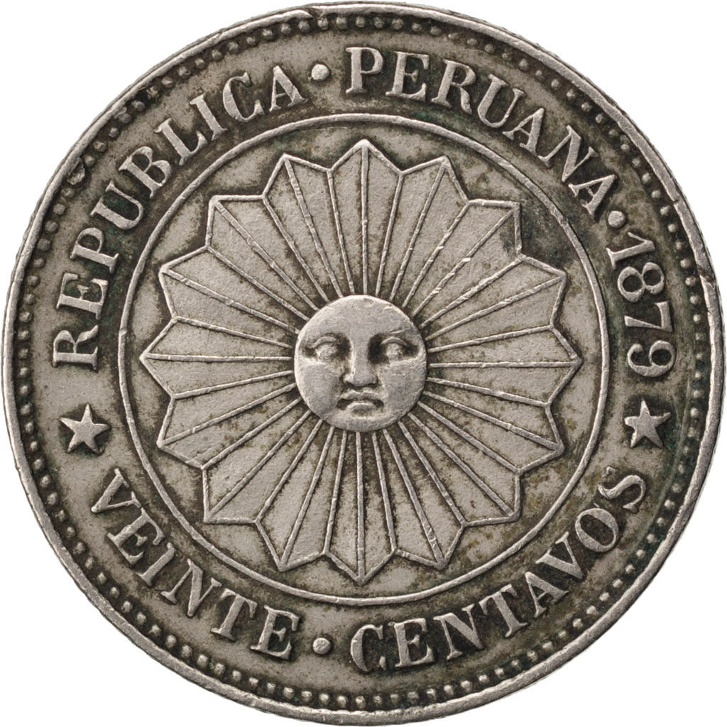 PERU, 20 Centavos, 1879, Lima, KM #199, AU(50-53), Copper-Nickel, 10.25