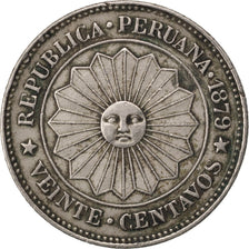 PERU, 20 Centavos, 1879, Lima, KM #199, AU(50-53), Copper-Nickel, 10.25