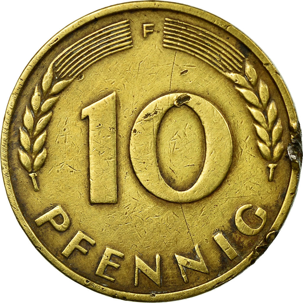 Moneda, ALEMANIA - REPÚBLICA FEDERAL, 10 Pfennig, 1949, Stuttgart, BC+, Latón