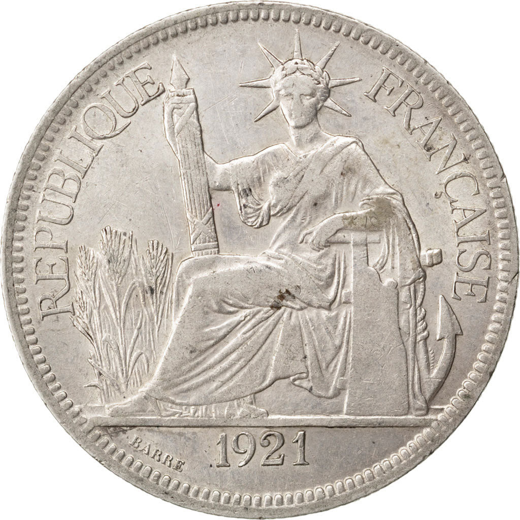 FRENCH INDO-CHINA, Piastre, 1921, Heaton, KM #5a.3, EF(40-45), Silver, Lecompte.