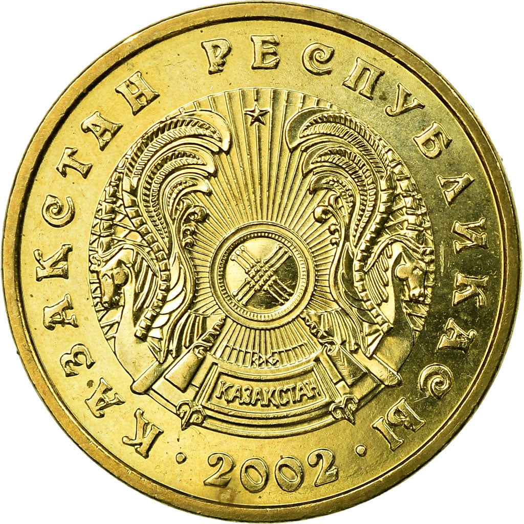 Moeda, Cazaquistão, 5 Tenge, 2002, Kazakhstan Mint, EF(40-45), Níquel-Latão