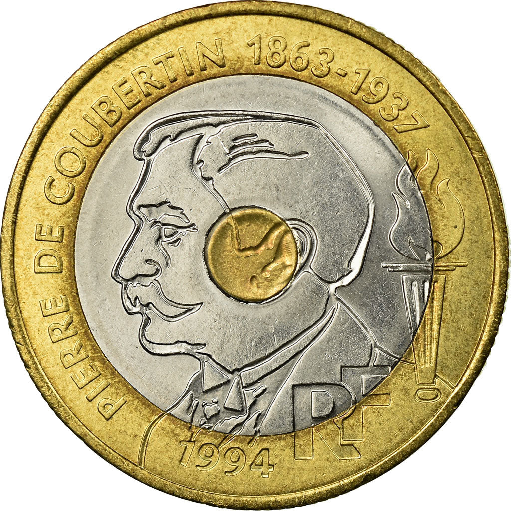 Moeda, França, Pierre de Coubertin, 20 Francs, 1994, Paris, EF(40-45)