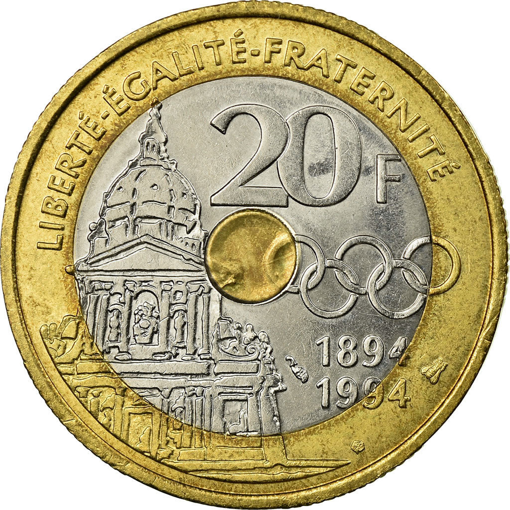 Moeda, França, Pierre de Coubertin, 20 Francs, 1994, Paris, EF(40-45)