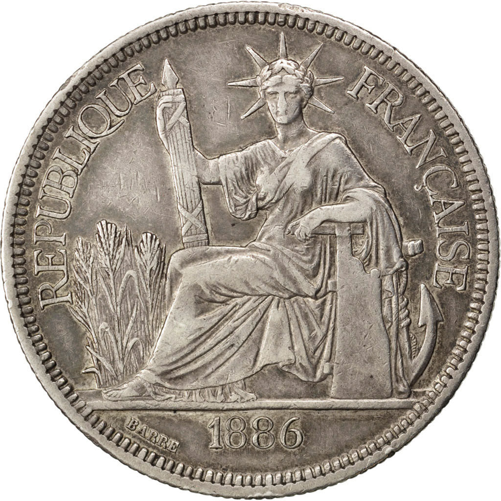 FRENCH INDO-CHINA, Piastre, 1886, Paris, KM #5, EF(40-45), Silver, Lecompte...