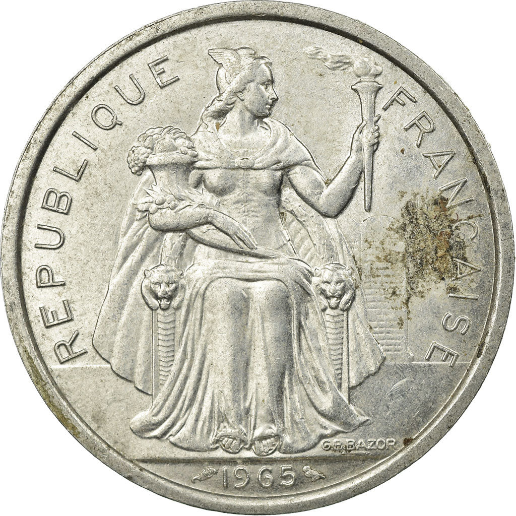 Moeda, Polinésia Francesa, 5 Francs, 1965, Paris, VF(20-25), Alumínio, KM:4
