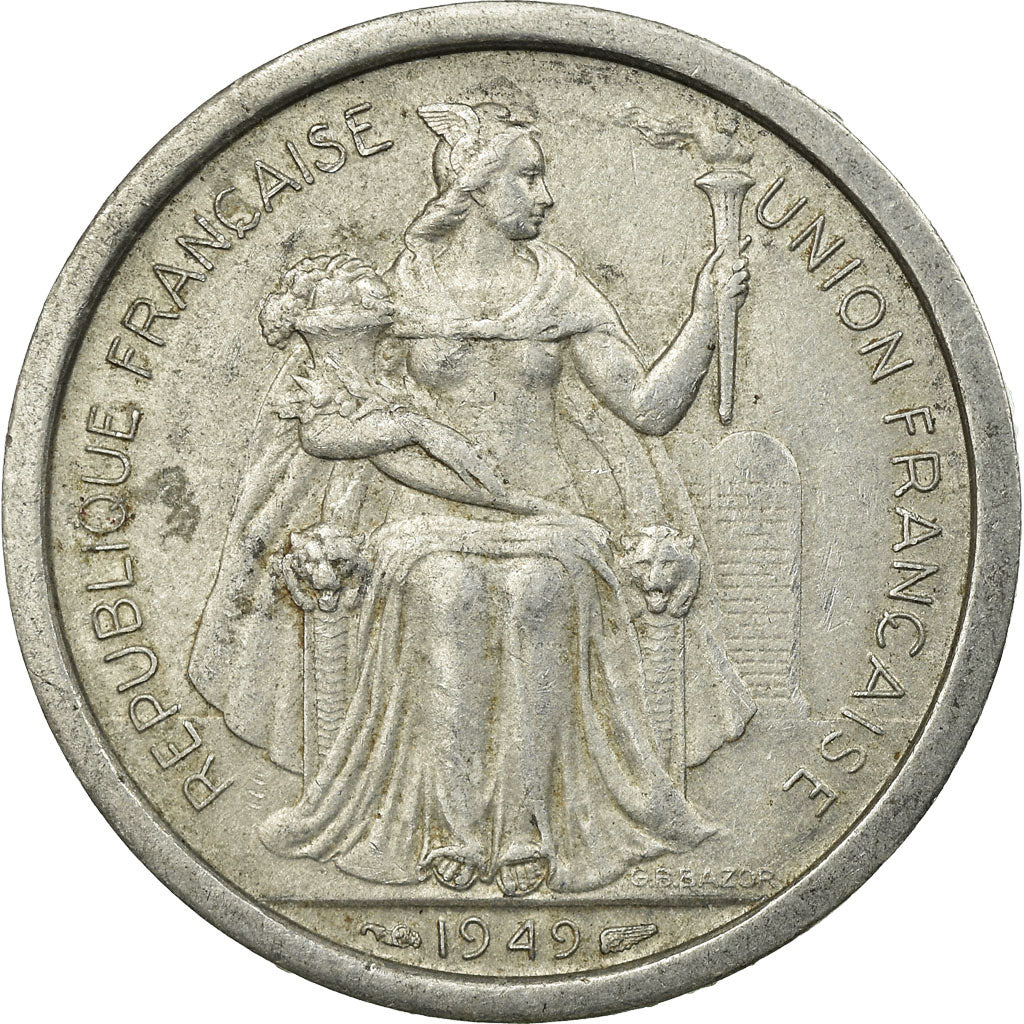 Moneda, OCEANÍA FRANCESA, 2 Francs, 1949, Paris, BC+, Aluminio, KM:3