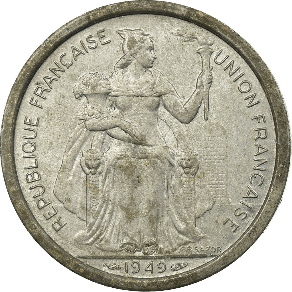 Moneta, OCEANIA FRANCESE, 2 Francs, 1949, MB, Alluminio, KM:3
