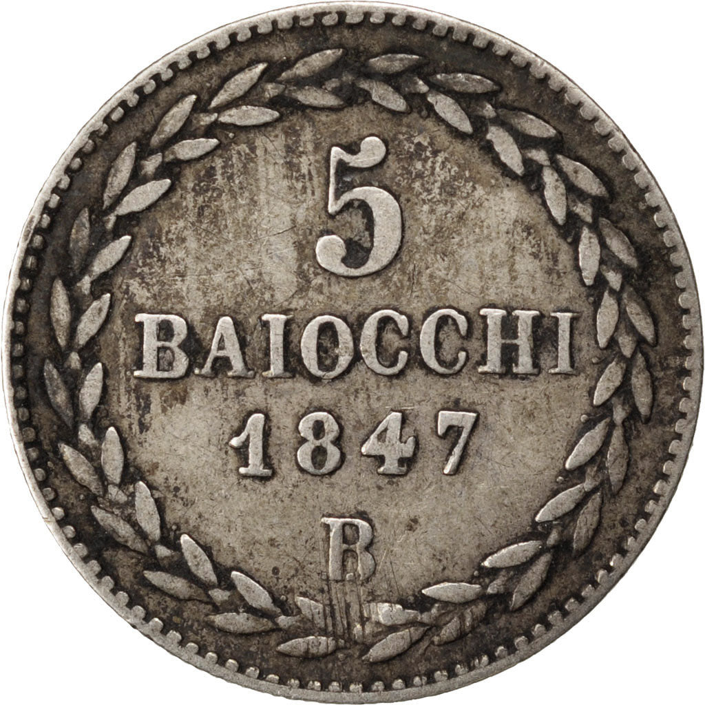 ITALIAN STATES, 5 Baiocchi, 1847, Bologne, KM #1341a, EF(40-45), Silver, 1.30