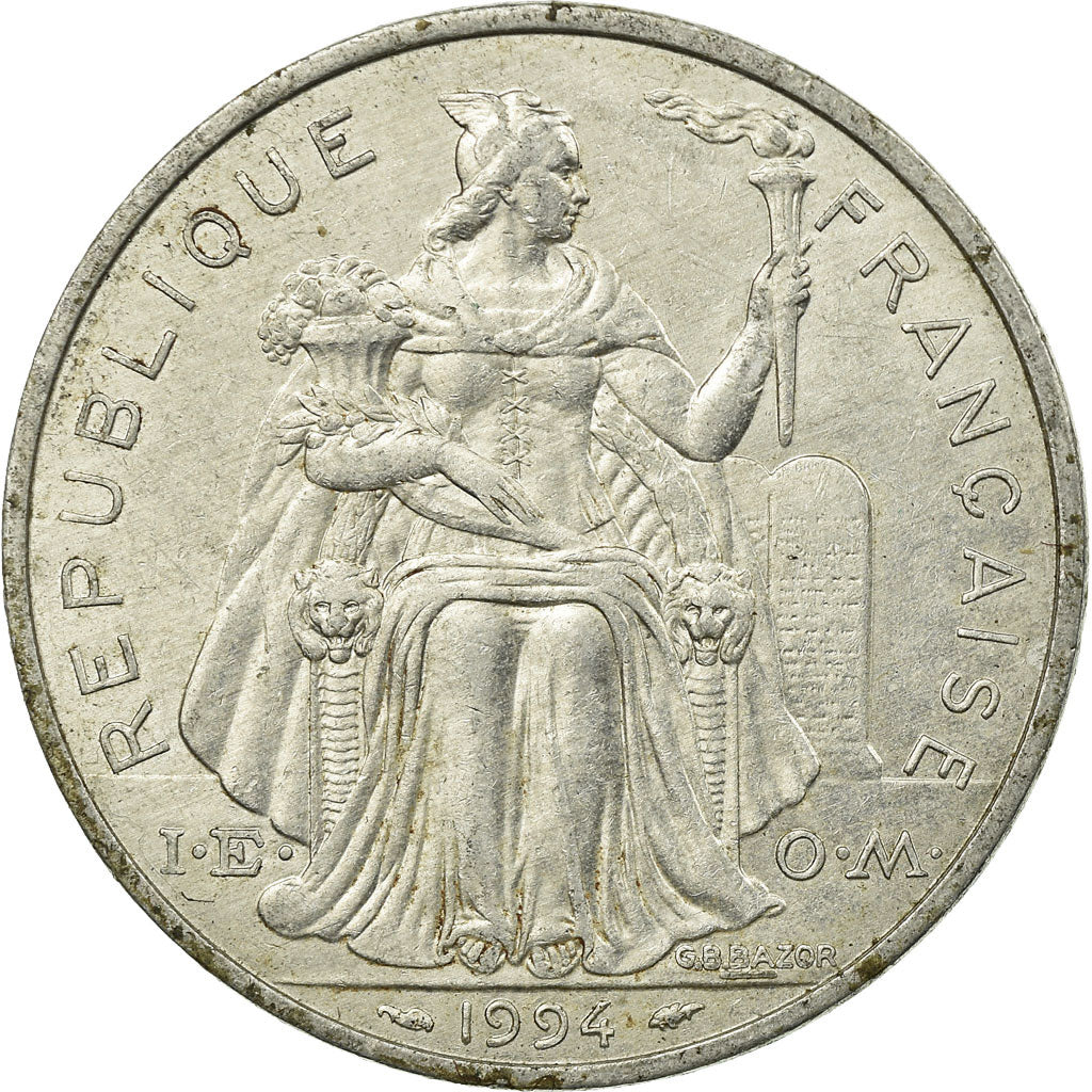 Moneda, Nueva Caledonia, 5 Francs, 1994, Paris, MBC, Aluminio, KM:16