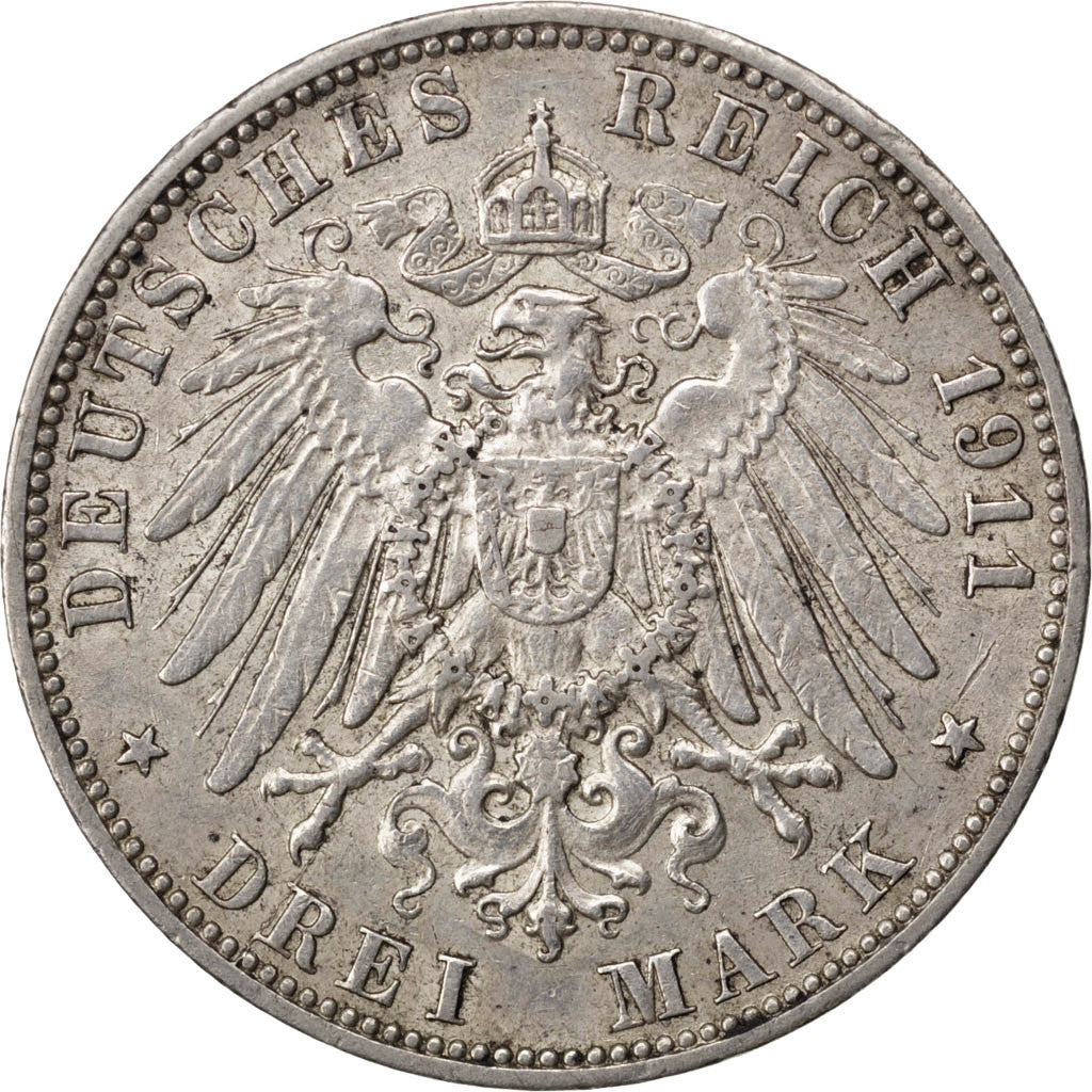 GERMAN STATES, 3 Mark, 1911, Hamburg, KM #620, AU(50-53), Silver, 33, 16.68