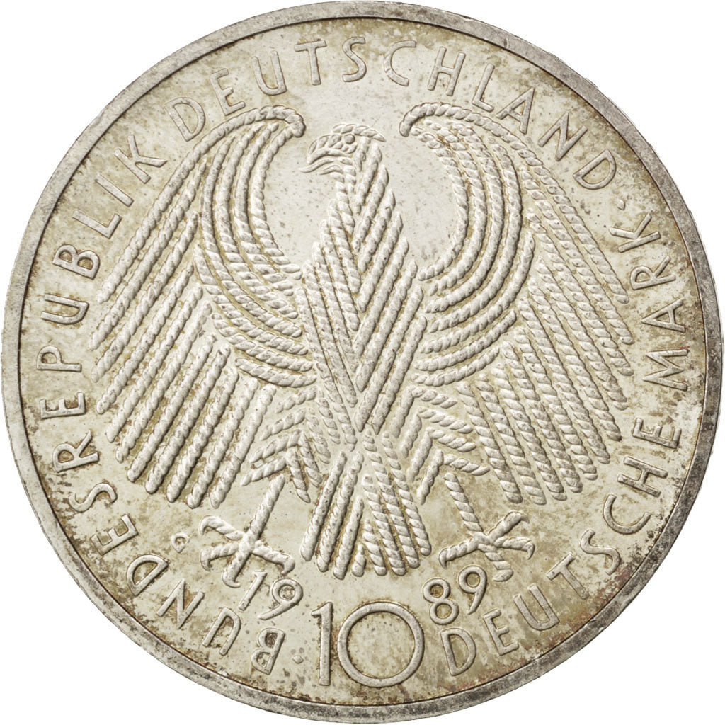 GERMANY - FEDERAL REPUBLIC, 10 Mark, 1989, Karlsruhe, KM #173, AU(50-53),...