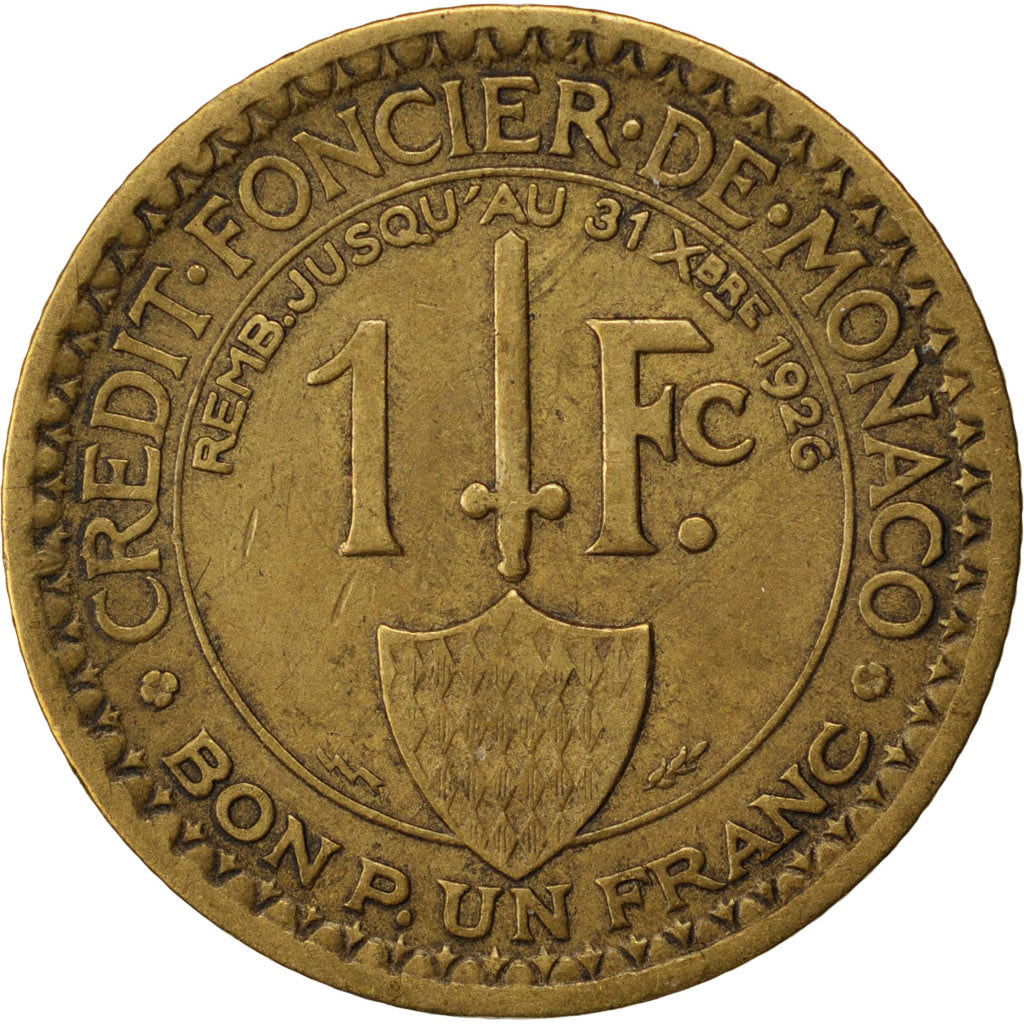 MONACO, Franc, 1924, Poissy, KM #111, EF(40-45), Aluminum-Bronze, Gadoury #127,.