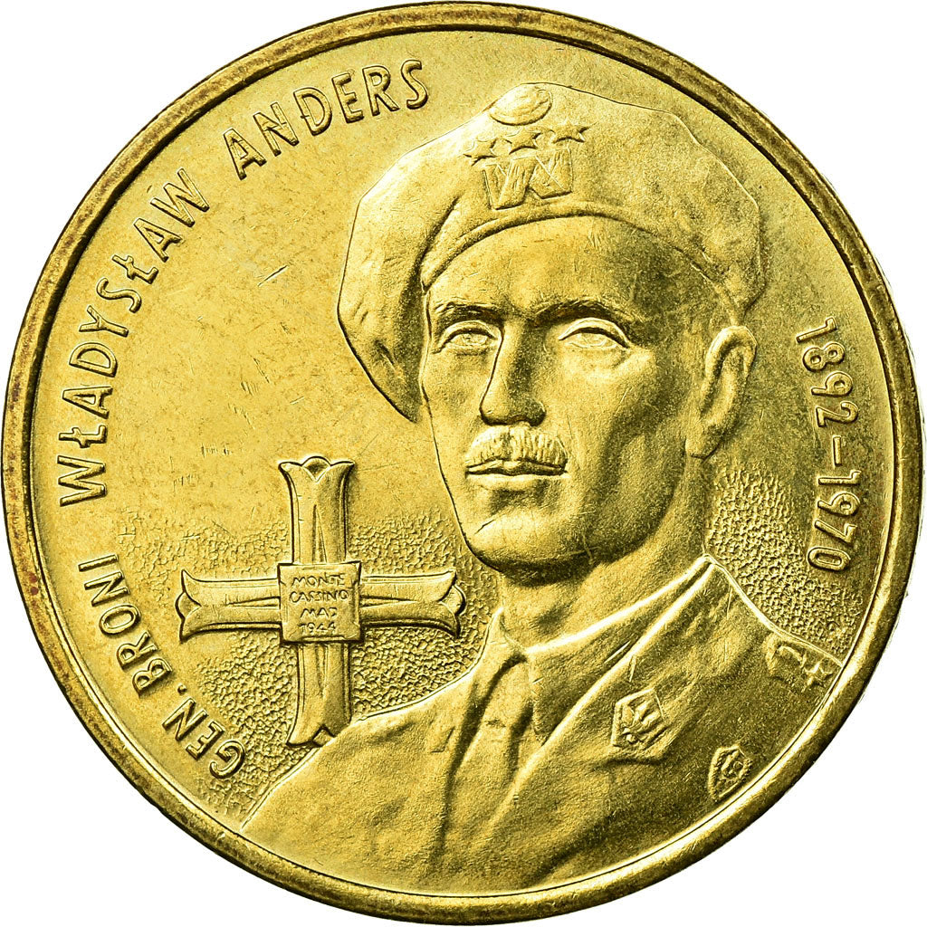 Münze, Polen, Gen. Wladyslaw Anders, 2 Zlote, 2002, Warsaw, SS, Messing, KM:440