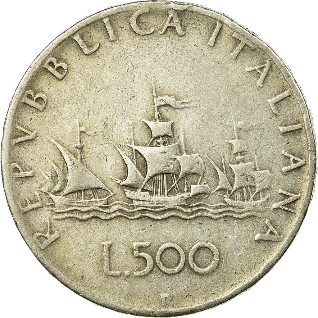 Coin, Italy, Columbus' ships, 500 Lire, 1961, Rome, VF(30-35), Silver, KM:98