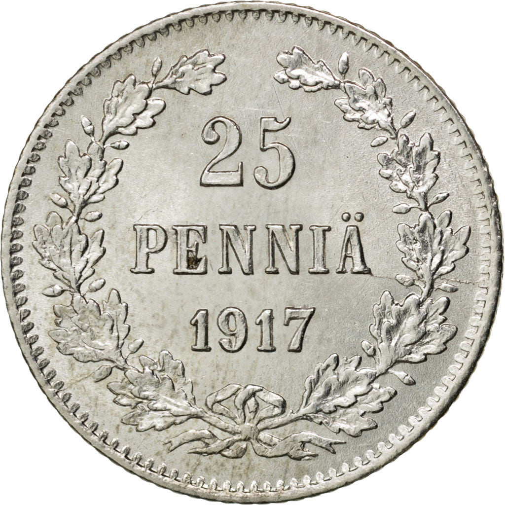 FINLAND, 25 Pennia, 1917, KM #6.2, MS(65-70), Silver, 16, 1.23