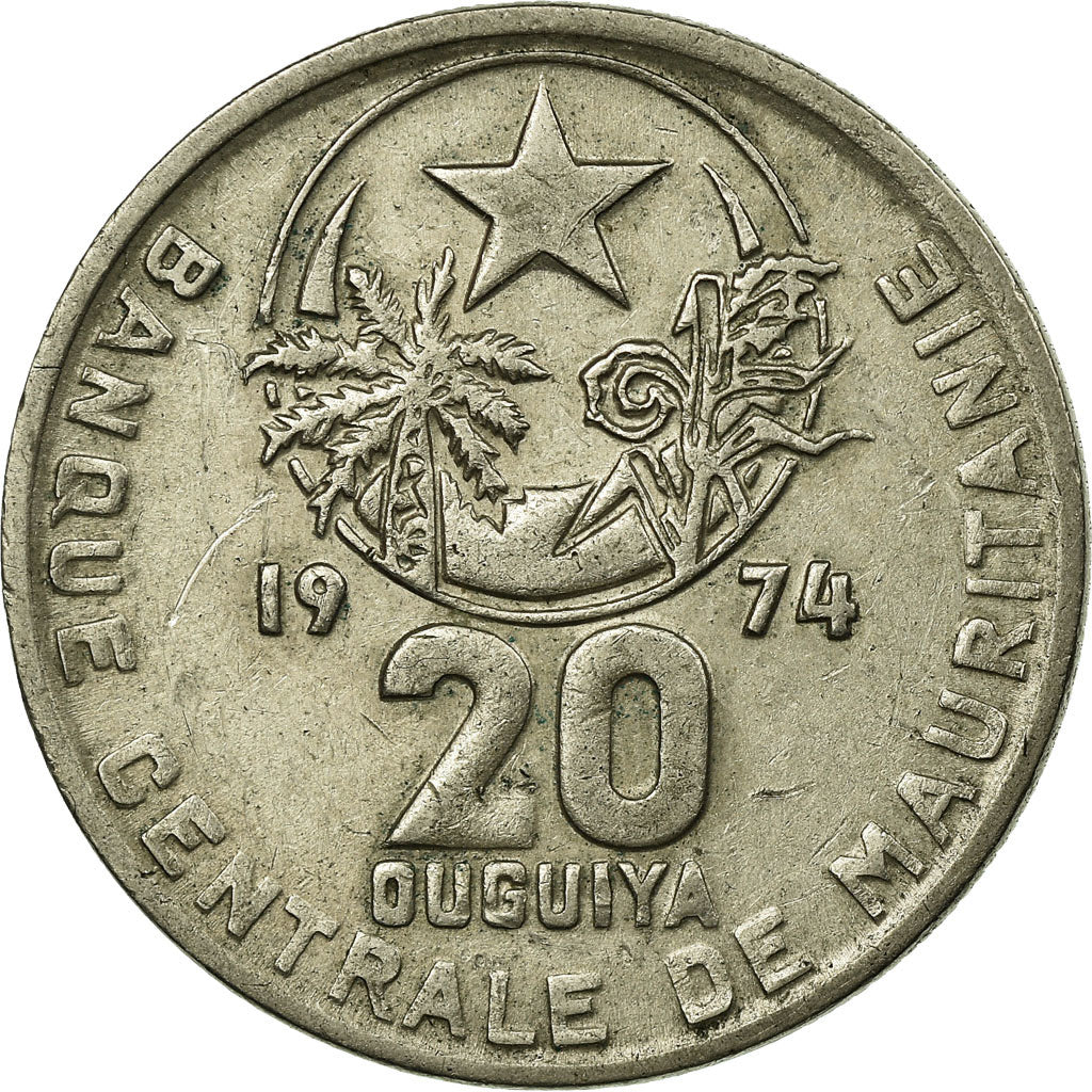 Coin, Mauritania, 20 Ouguiya, 1974, EF(40-45), Copper-nickel, KM:5