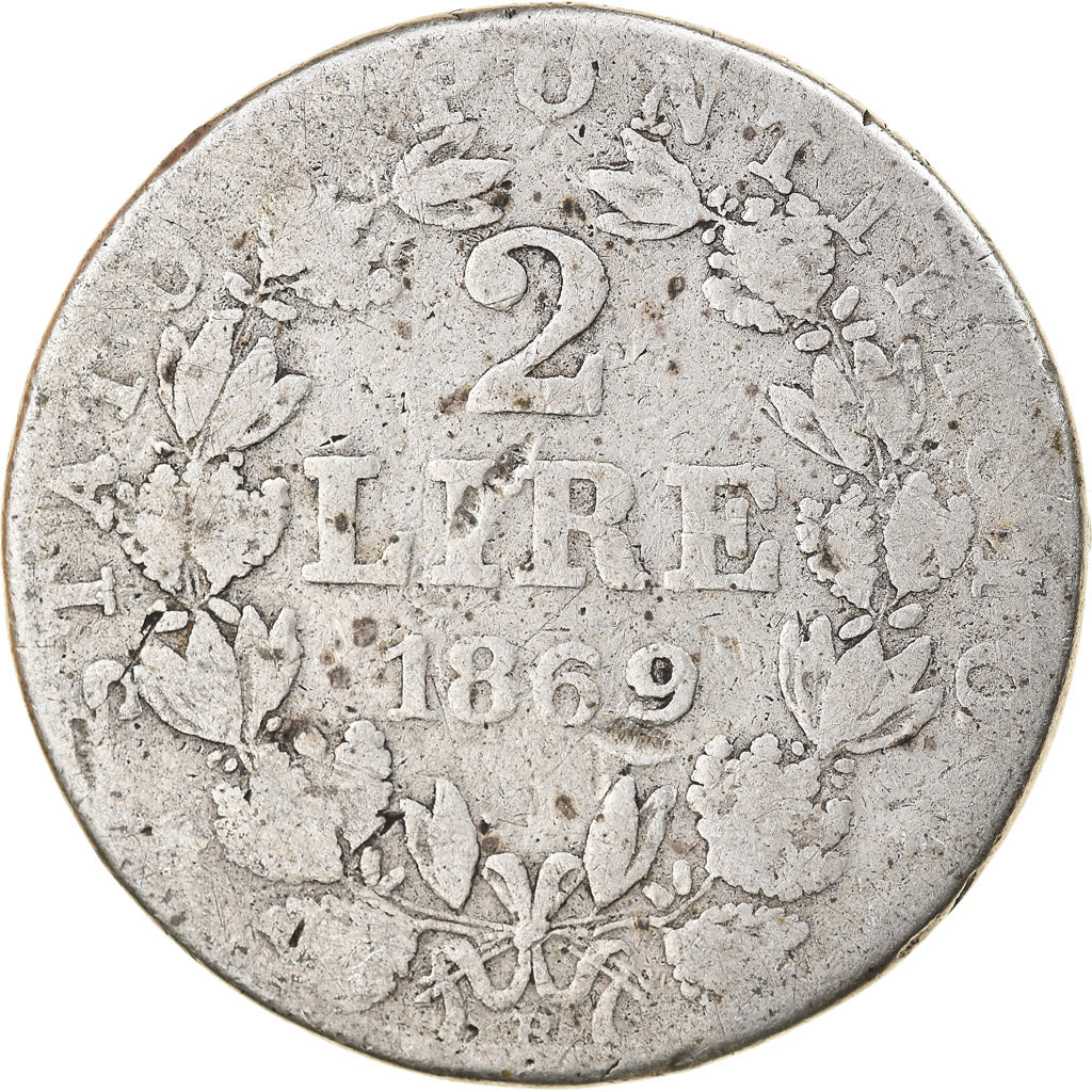 Coin, ITALIAN STATES, PAPAL STATES, Pius IX, 2 Lire, 1869, VF(20-25), Silver