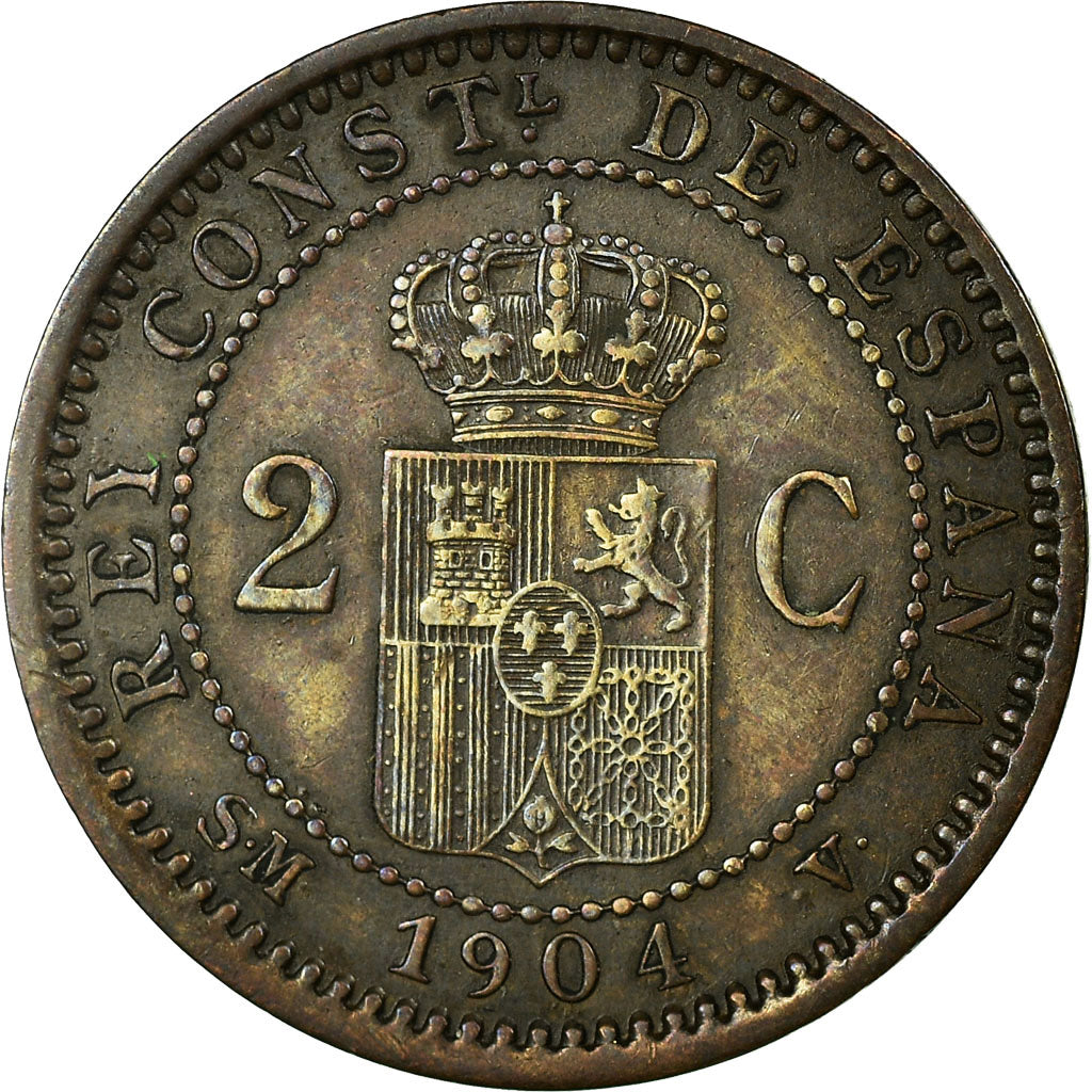 Coin, Spain, Alfonso XIII, 2 Centimos, 1904, Madrid, EF(40-45), Copper, KM:722