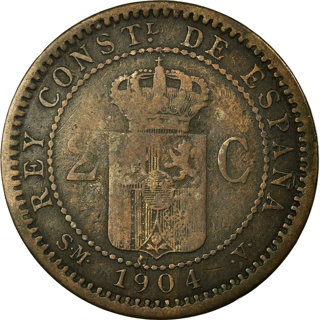Coin, Spain, Alfonso XIII, 2 Centimos, 1904, Madrid, VF(20-25), Copper, KM:722