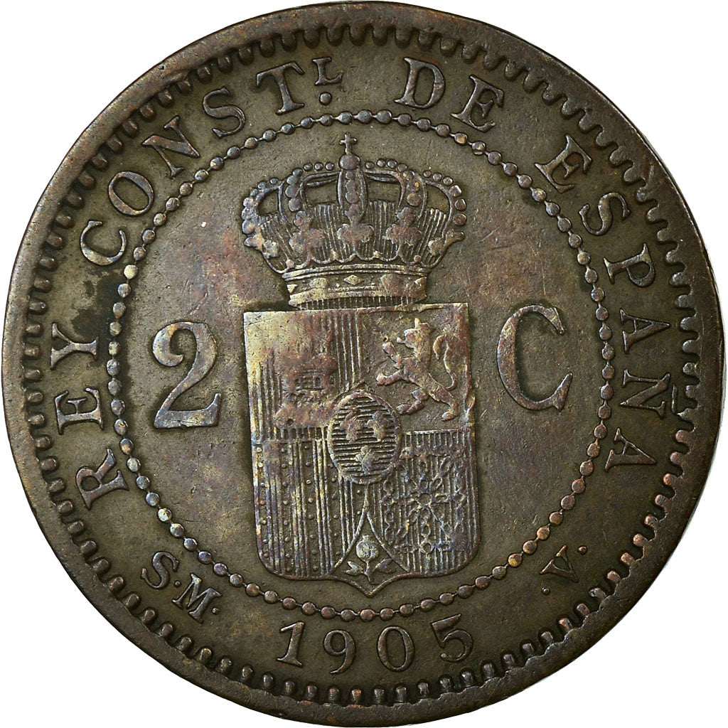 Coin, Spain, Alfonso XIII, 2 Centimos, 1905, Madrid, EF(40-45), Copper, KM:722