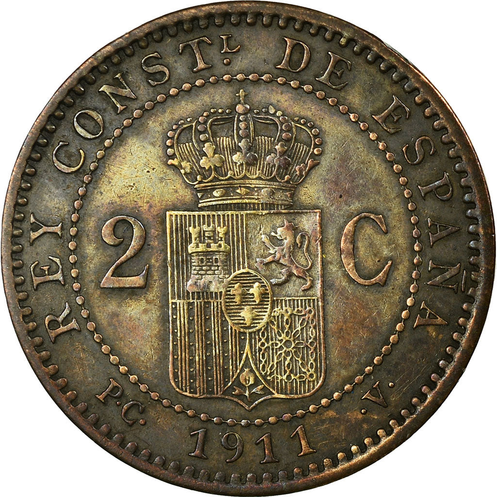 Coin, Spain, Alfonso XIII, 2 Centimos, 1911, Madrid, EF(40-45), Copper, KM:732