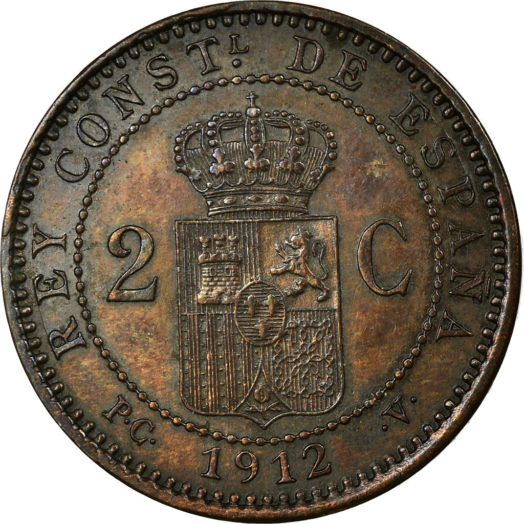 Coin, Spain, Alfonso XIII, 2 Centimos, 1912, Madrid, EF(40-45), Copper, KM:732