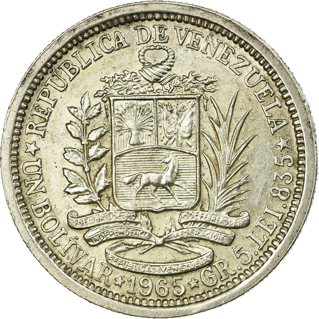 Moneda, Venezuela, Bolivar, 1965, MBC+, Plata, KM:37a