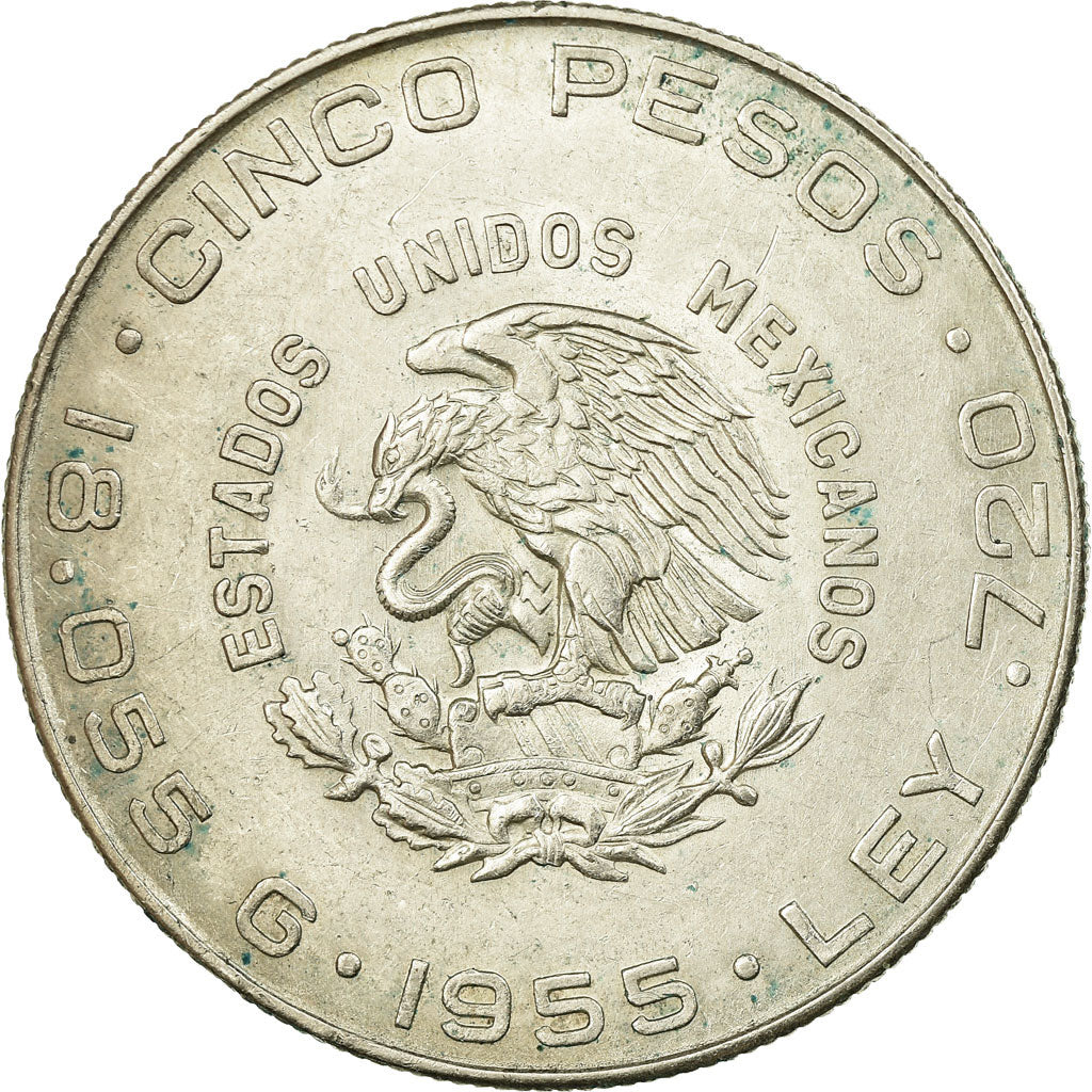 Coin, Mexico, 5 Pesos, 1955, Mexico City, EF(40-45), Silver, KM:469