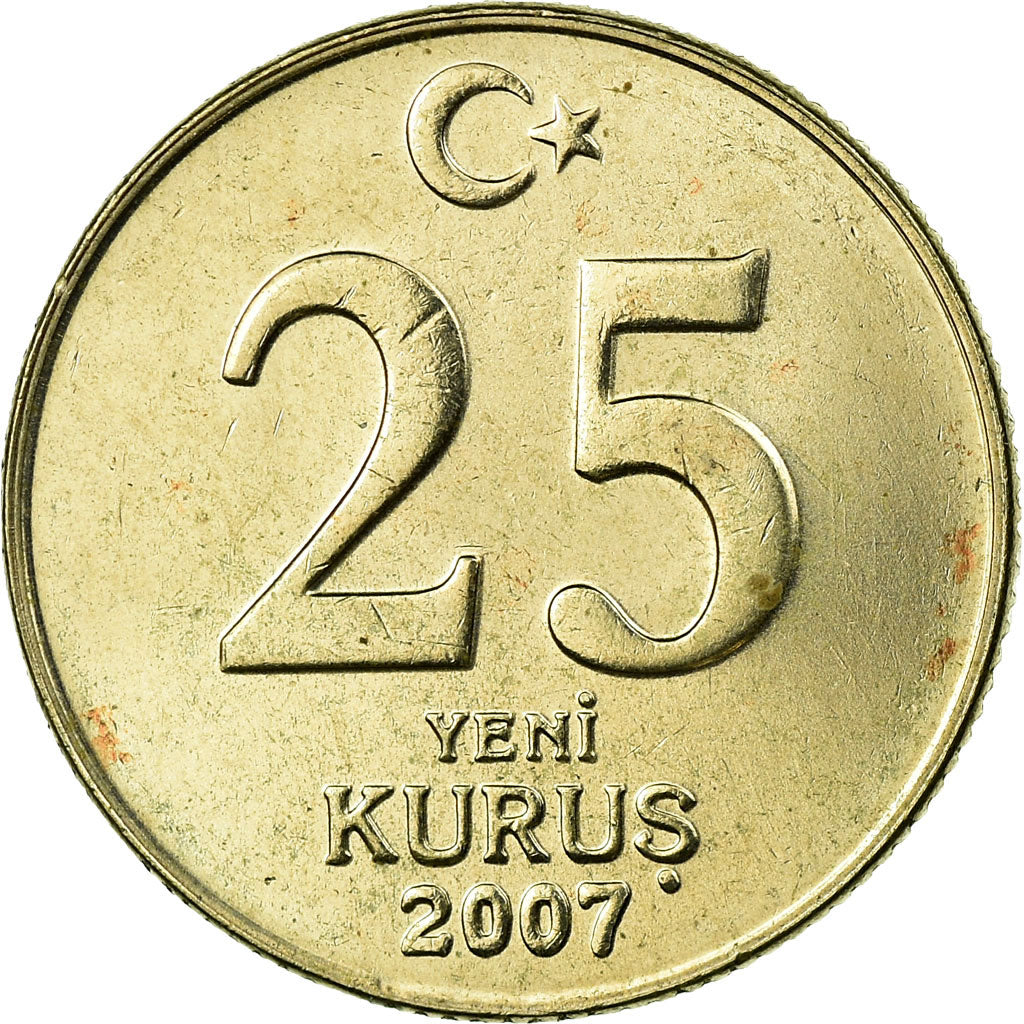 Coin, Turkey, 25 New Kurus, 2007, Istanbul, AU(55-58), Copper-Nickel-Zinc